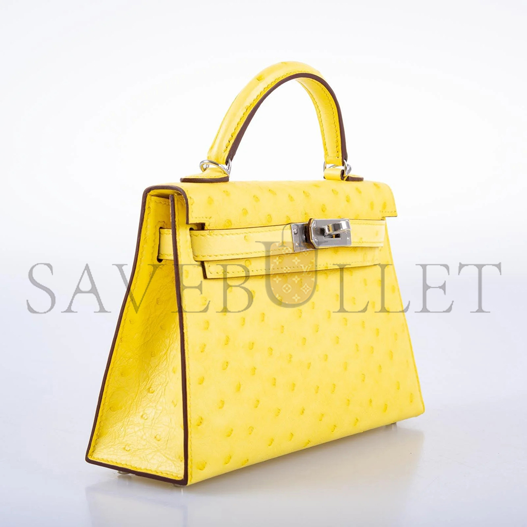 HERMÈS MASTER MINI KELLY II SELLIER JAUNE CITRON OSTRICH PALLADIUM HARDWARE (19*12*5.5cm) 